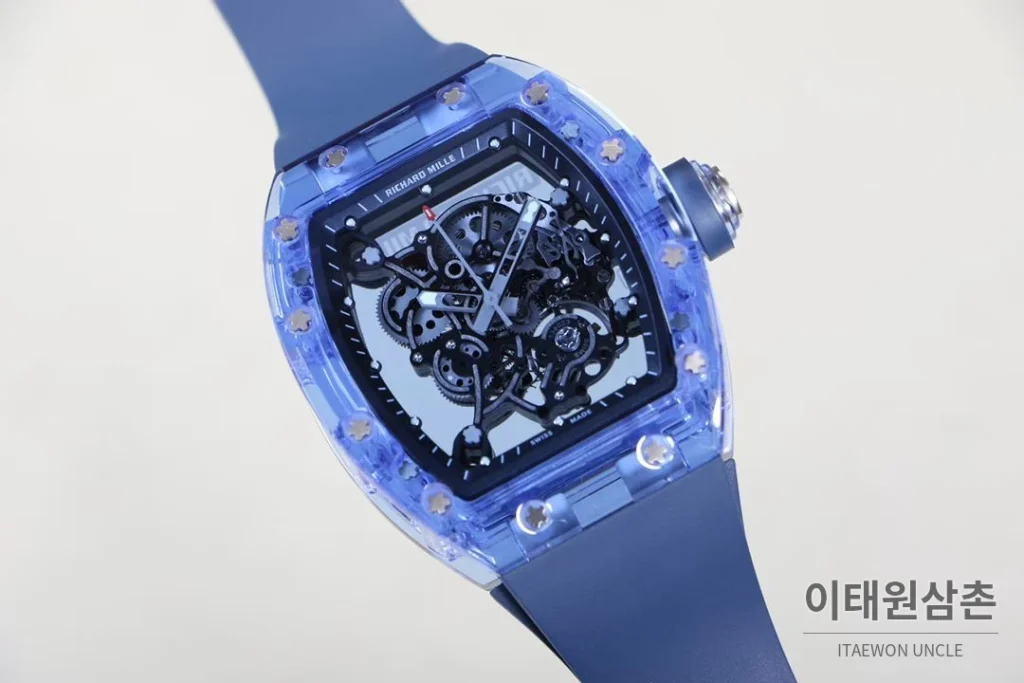 리차드밀 크리스탈 스켈레톤 헨드와인드 무브먼트 51mm RM055 스켈레톤 다이얼 네이비 러버 스트랩 아이스블루 베젤