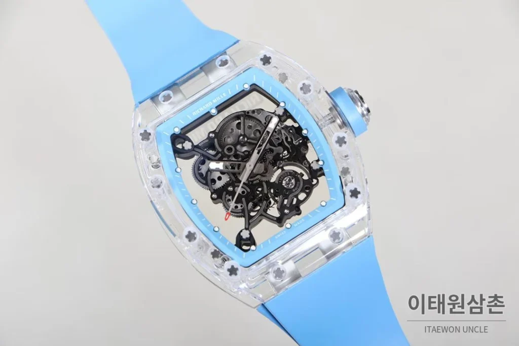 리차드밀 크리스탈 스켈레톤 헨드와인드 무브먼트 51mm RM055 스켈레톤 다이얼 아이스블루 러버 스트랩 아이스블루 베젤