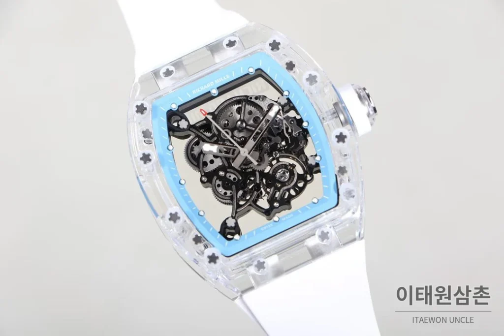 리차드밀 크리스탈 스켈레톤 헨드와인드 무브먼트 51mm RM055 스켈레톤 다이얼 화이트 러버 스트랩 아이스블루 베젤 (3)