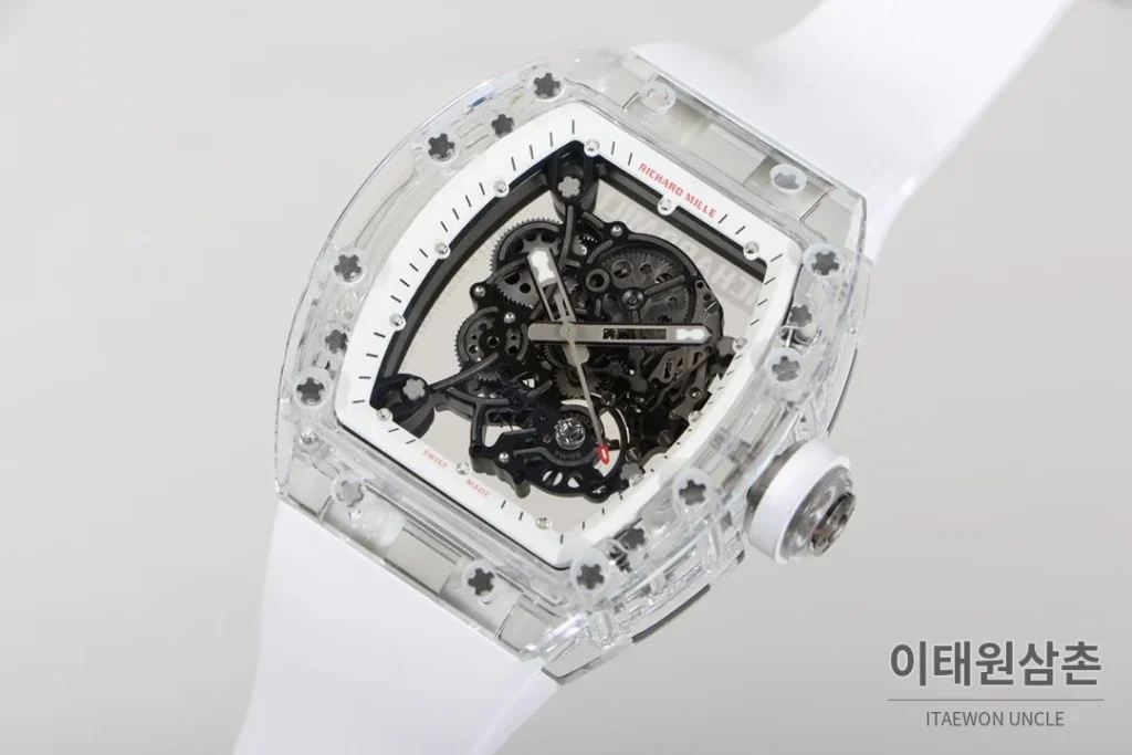 리차드밀 크리스탈 스켈레톤 헨드와인드 무브먼트 51mm RM055 스켈레톤 다이얼 화이트 러버 스트랩 세라믹 케이스