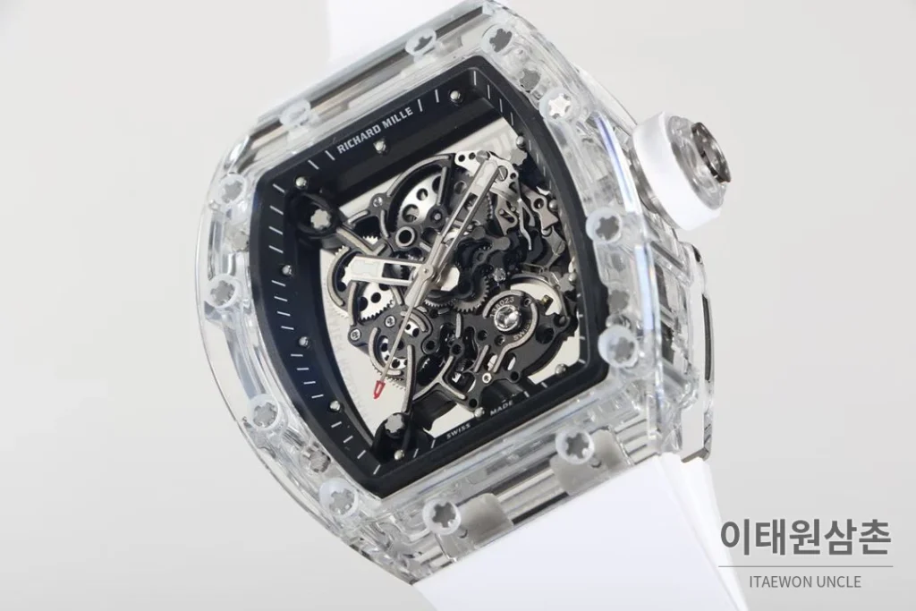 리차드밀 크리스탈 스켈레톤 헨드와인드 무브먼트 51mm RM055 스켈레톤 다이얼 화이트 러버 스트랩 화이트 베젤