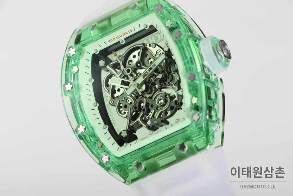 리차드밀 크리스탈 스켈레톤 헨드와인드 무브먼트 51mm RM055 스켈레톤 다이얼 화이트 러버 스트랩 그린 베젤