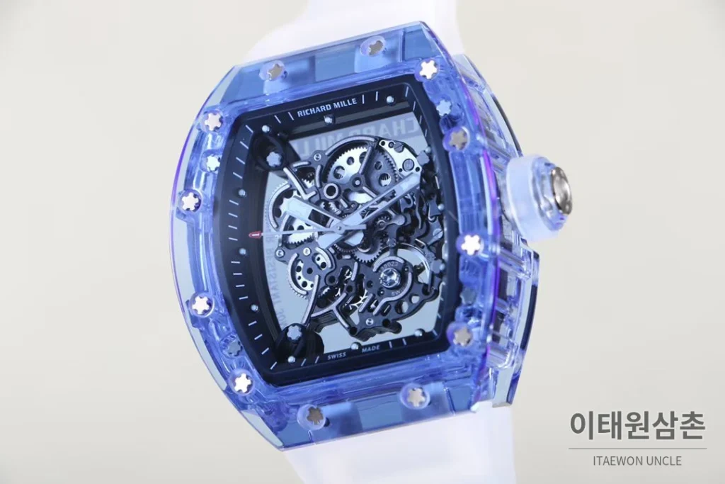 리차드밀 크리스탈 스켈레톤 헨드와인드 무브먼트 51mm RM055 스켈레톤 다이얼 화이트 러버 스트랩 아이스블루 베젤
