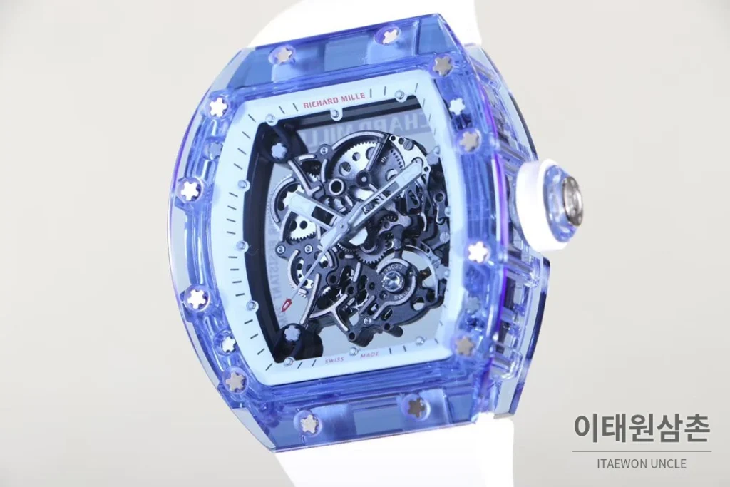 리차드밀 크리스탈 스켈레톤 헨드와인드 무브먼트 51mm RM055 스켈레톤 다이얼 화이트 러버 스트랩 아이스블루 베젤 (2)