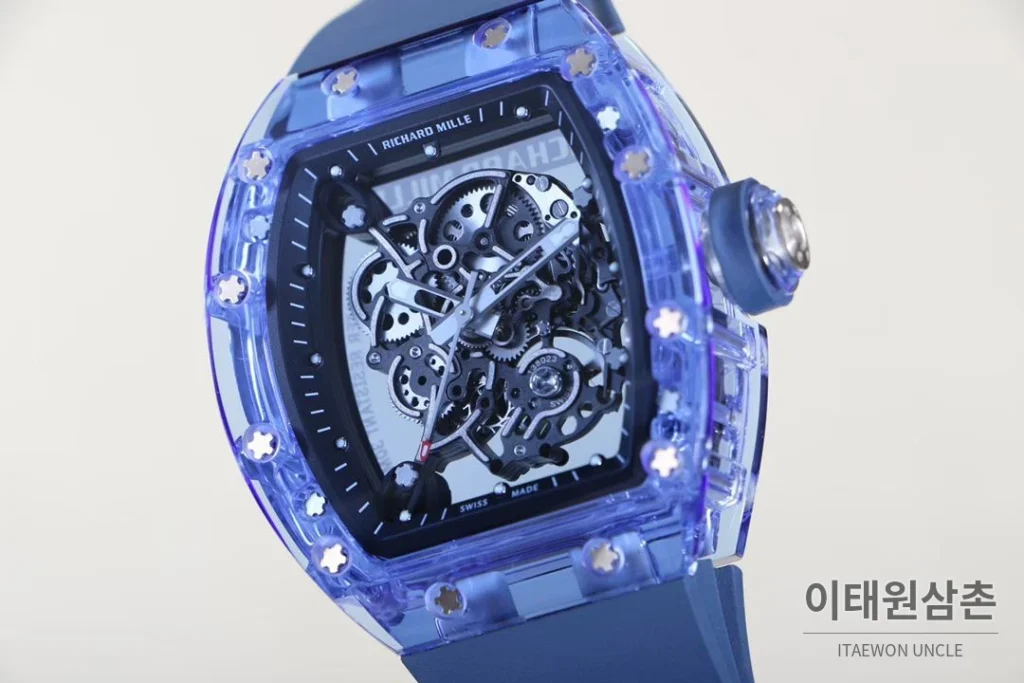 리차드밀 크리스탈 스켈레톤 헨드와인드 무브먼트 51mm RM055 스켈레톤 다이얼 네이비 러버 스트랩 아이스블루 베젤