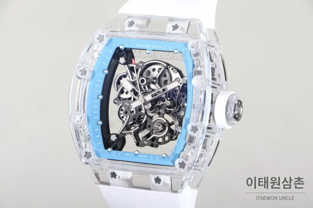 리차드밀 크리스탈 스켈레톤 헨드와인드 무브먼트 51mm RM055 스켈레톤 다이얼 화이트 러버 스트랩 아이스블루 베젤 (3)