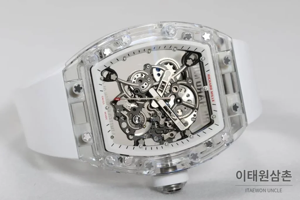 리차드밀 크리스탈 스켈레톤 헨드와인드 무브먼트 51mm RM055 스켈레톤 다이얼 화이트 러버 스트랩 세라믹 케이스