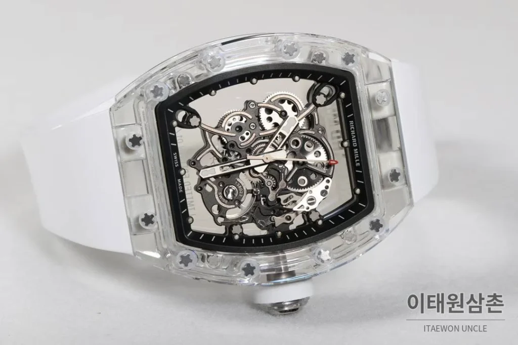리차드밀 크리스탈 스켈레톤 헨드와인드 무브먼트 51mm RM055 스켈레톤 다이얼 화이트 러버 스트랩 화이트 베젤