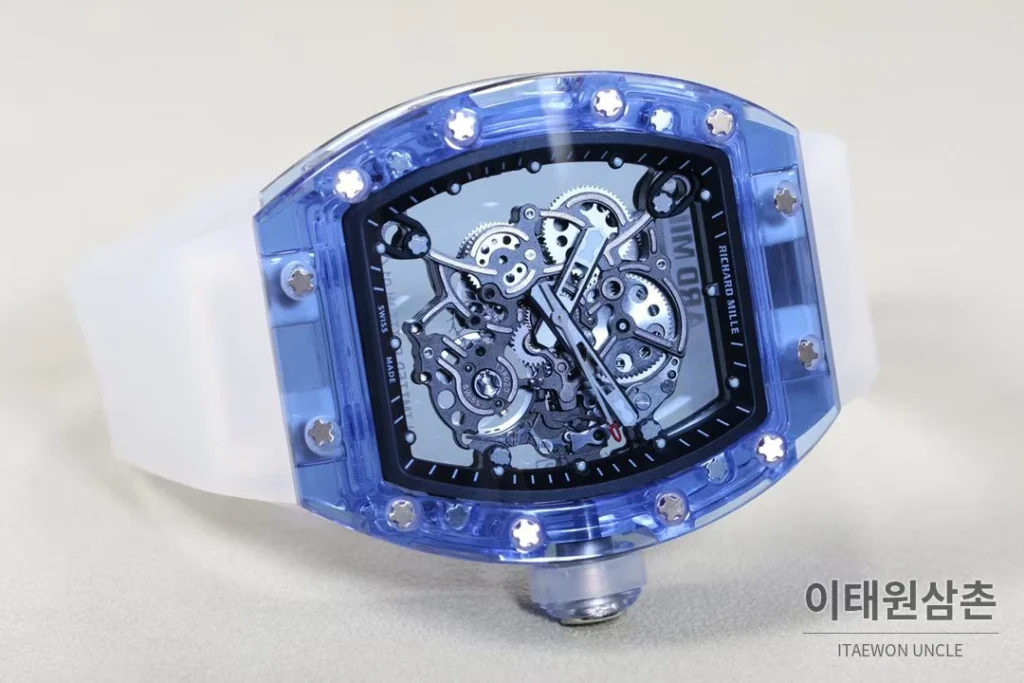 리차드밀 크리스탈 스켈레톤 헨드와인드 무브먼트 51mm RM055 스켈레톤 다이얼 화이트 러버 스트랩 아이스블루 베젤