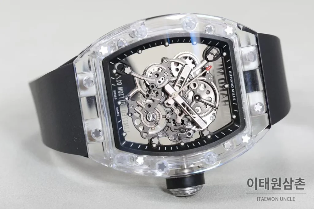 리차드밀 크리스탈 스켈레톤 헨드와인드 무브먼트 51mm RM055 스켈레톤 다이얼 블랙 러버 스트랩 카본 케이스