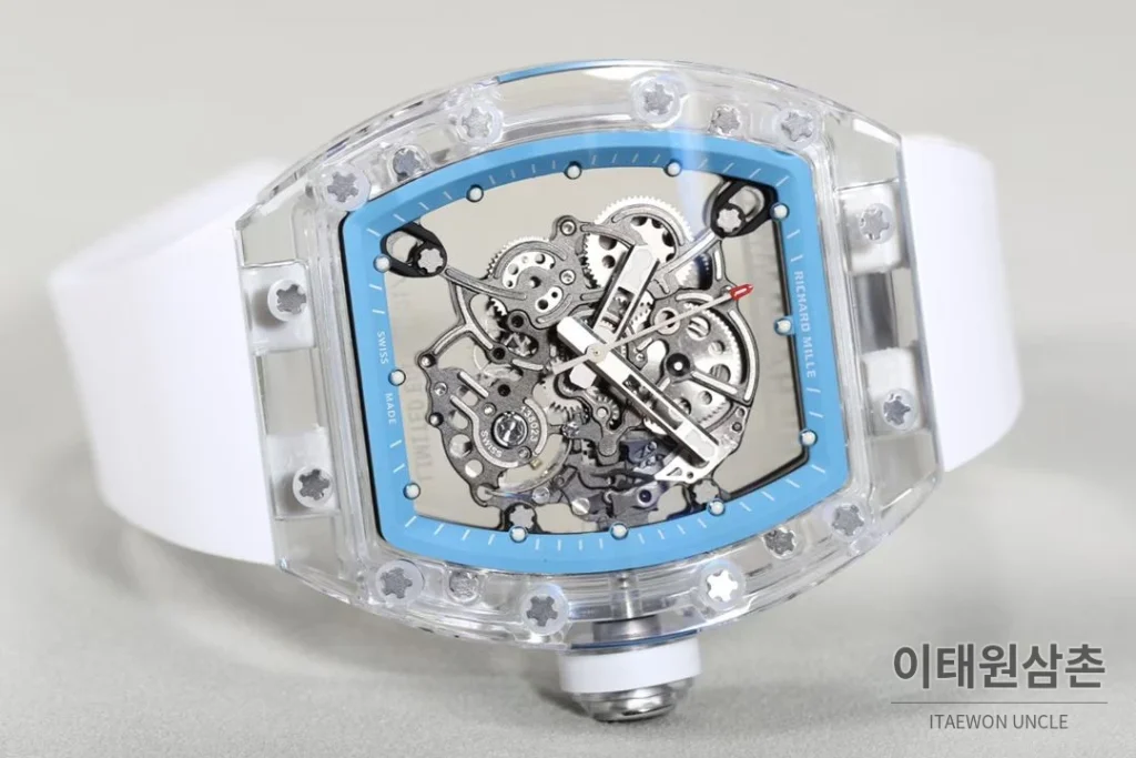 리차드밀 크리스탈 스켈레톤 헨드와인드 무브먼트 51mm RM055 스켈레톤 다이얼 화이트 러버 스트랩 아이스블루 베젤 (3)