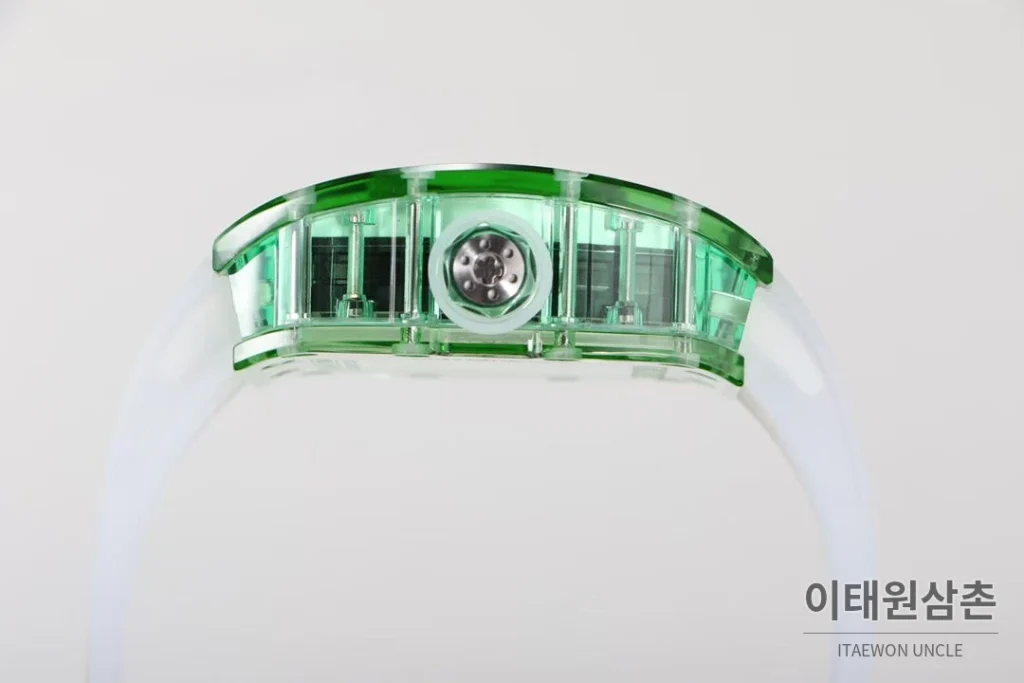 리차드밀 크리스탈 스켈레톤 헨드와인드 무브먼트 51mm RM055 스켈레톤 다이얼 화이트 러버 스트랩 그린 베젤