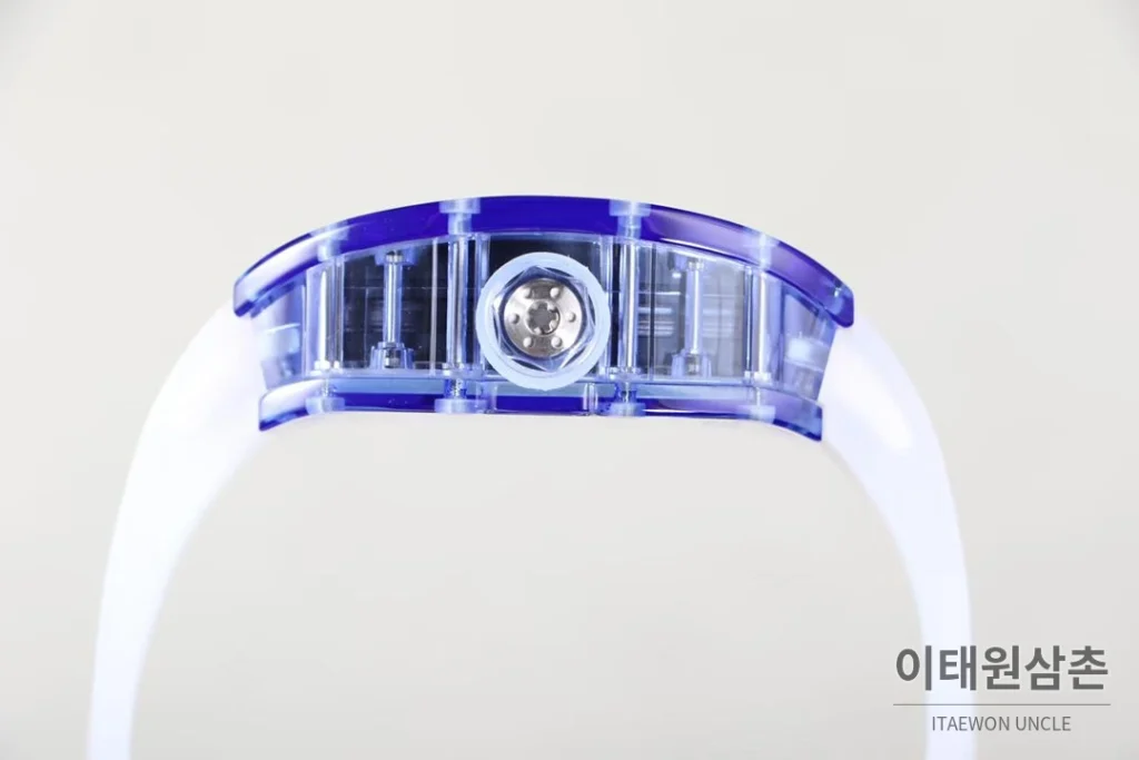 리차드밀 크리스탈 스켈레톤 헨드와인드 무브먼트 51mm RM055 스켈레톤 다이얼 화이트 러버 스트랩 아이스블루 베젤