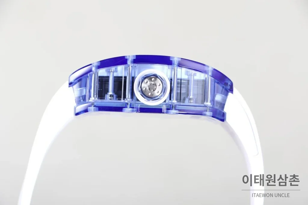 리차드밀 크리스탈 스켈레톤 헨드와인드 무브먼트 51mm RM055 스켈레톤 다이얼 화이트 러버 스트랩 아이스블루 베젤 (2)