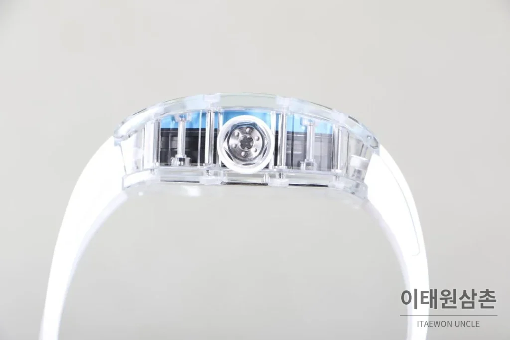 리차드밀 크리스탈 스켈레톤 헨드와인드 무브먼트 51mm RM055 스켈레톤 다이얼 화이트 러버 스트랩 아이스블루 베젤 (3)