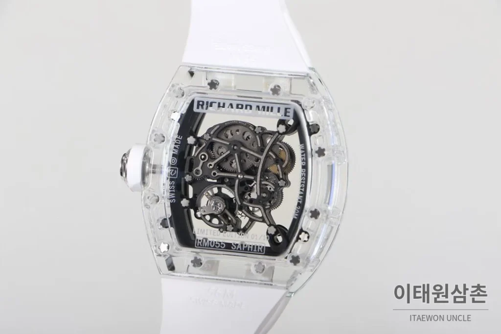 리차드밀 크리스탈 스켈레톤 헨드와인드 무브먼트 51mm RM055 스켈레톤 다이얼 화이트 러버 스트랩 세라믹 케이스