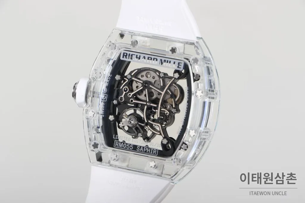 리차드밀 크리스탈 스켈레톤 헨드와인드 무브먼트 51mm RM055 스켈레톤 다이얼 화이트 러버 스트랩 화이트 베젤