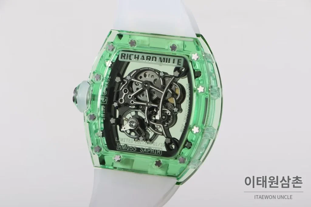 리차드밀 크리스탈 스켈레톤 헨드와인드 무브먼트 51mm RM055 스켈레톤 다이얼 화이트 러버 스트랩 그린 베젤