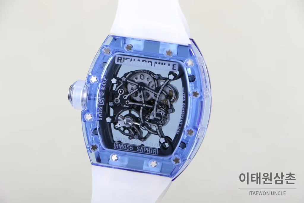 리차드밀 크리스탈 스켈레톤 헨드와인드 무브먼트 51mm RM055 스켈레톤 다이얼 화이트 러버 스트랩 아이스블루 베젤