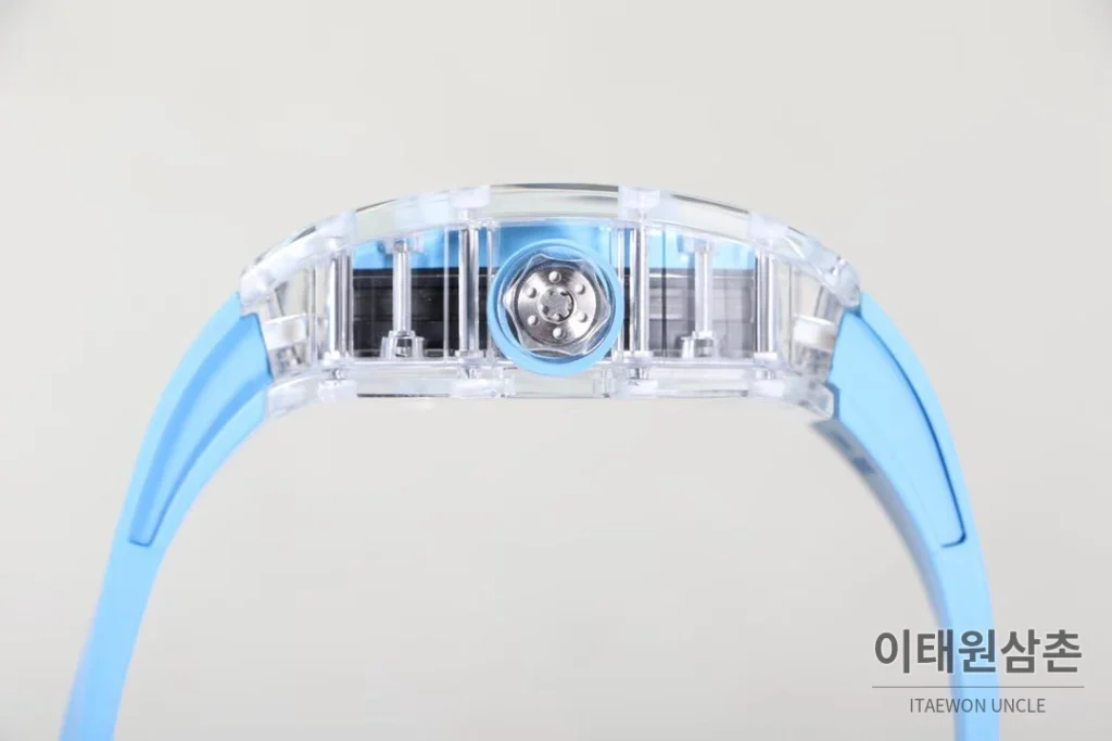 리차드밀 크리스탈 스켈레톤 헨드와인드 무브먼트 51mm RM055 스켈레톤 다이얼 아이스블루 러버 스트랩 아이스블루 베젤