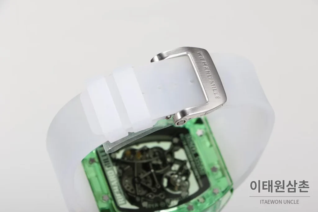 리차드밀 크리스탈 스켈레톤 헨드와인드 무브먼트 51mm RM055 스켈레톤 다이얼 화이트 러버 스트랩 그린 베젤
