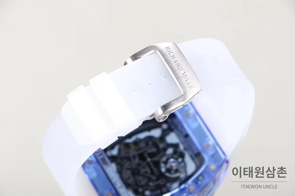 리차드밀 크리스탈 스켈레톤 헨드와인드 무브먼트 51mm RM055 스켈레톤 다이얼 화이트 러버 스트랩 아이스블루 베젤