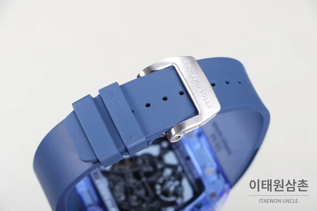 리차드밀 크리스탈 스켈레톤 헨드와인드 무브먼트 51mm RM055 스켈레톤 다이얼 네이비 러버 스트랩 아이스블루 베젤