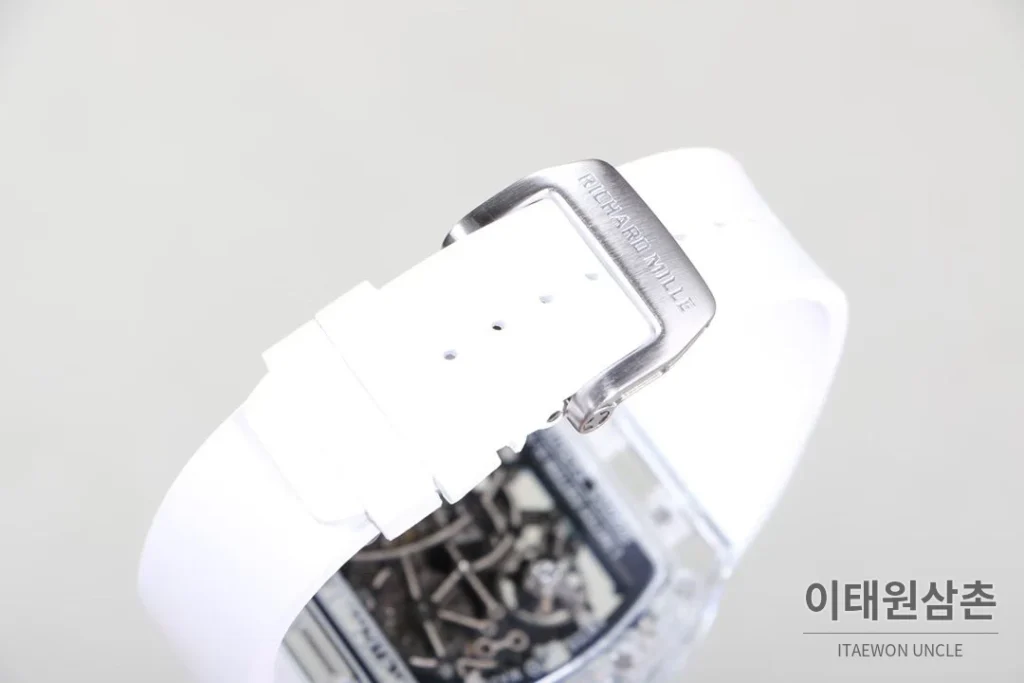 리차드밀 크리스탈 스켈레톤 헨드와인드 무브먼트 51mm RM055 스켈레톤 다이얼 화이트 러버 스트랩 아이스블루 베젤 (3)