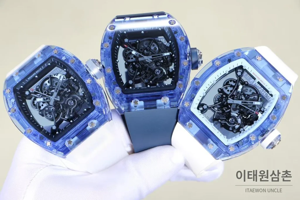 리차드밀 크리스탈 스켈레톤 헨드와인드 무브먼트 51mm RM055 스켈레톤 다이얼 화이트 러버 스트랩 아이스블루 베젤