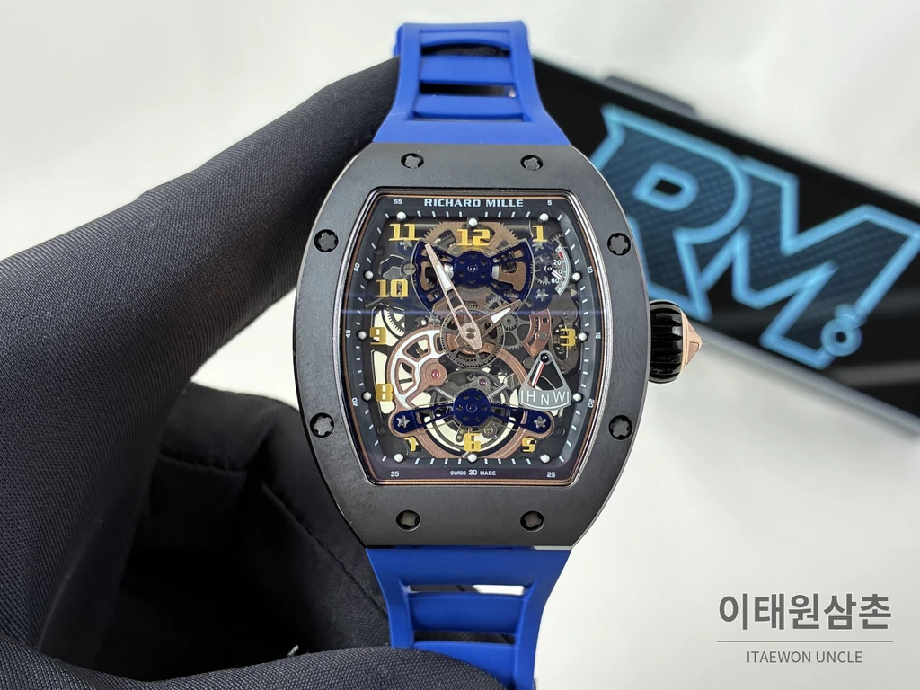 리차드밀 RM 17-02 블랙 세라믹 블루 스트랩 투르비용 시계 48mm