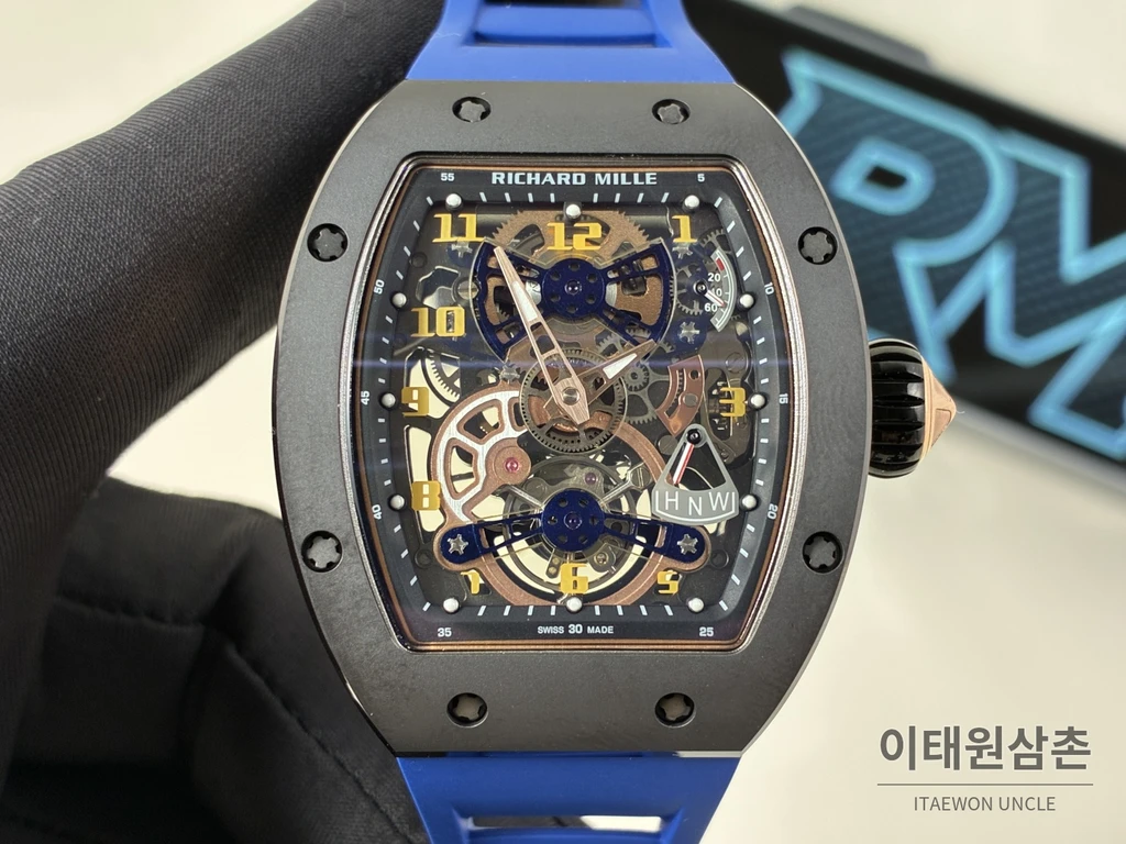 리차드밀 RM 17-02 블랙 세라믹 블루 스트랩 투르비용 시계 48mm