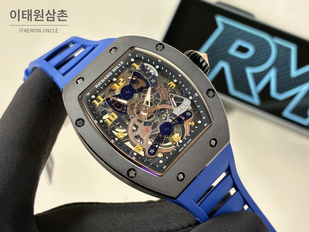 리차드밀 RM 17-02 블랙 세라믹 블루 스트랩 투르비용 시계 48mm