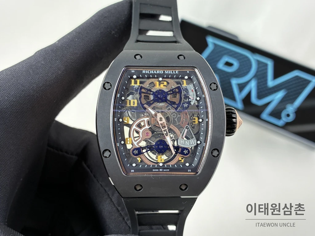 리차드밀 RM 17-02 블랙 세라믹 블랙 스트랩 골드 인덱스 투르비용 시계 48mm