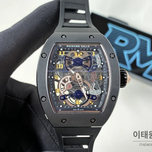 리차드밀 RM 17-02 블랙 세라믹 블랙 스트랩 골드 인덱스 투르비용 시계 48mm