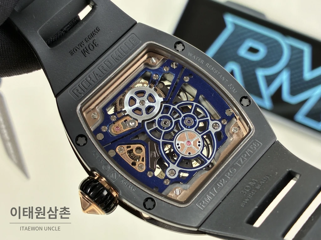 리차드밀 RM 17-02 블랙 세라믹 블랙 스트랩 골드 인덱스 투르비용 시계 48mm