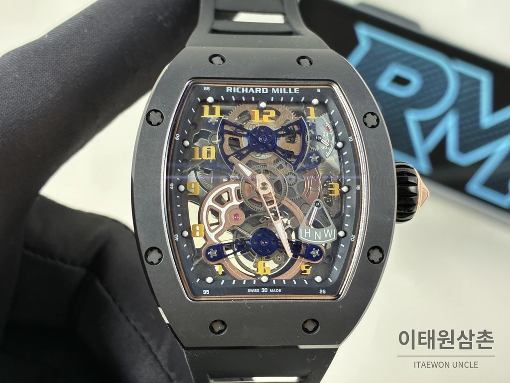 리차드밀 RM 17-02 블랙 세라믹 블랙 스트랩 골드 인덱스 투르비용 시계 48mm