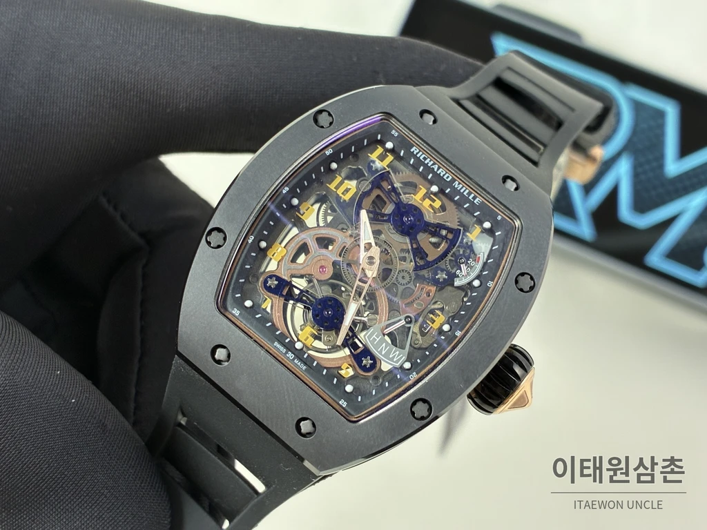 리차드밀 RM 17-02 블랙 세라믹 블랙 스트랩 골드 인덱스 투르비용 시계 48mm