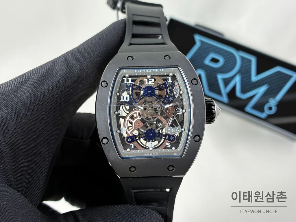 리차드밀 RM 17-02 블랙 세라믹 블랙 스트랩 실버 인덱스 투르비용 시계 48mm