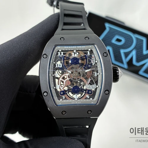 리차드밀 RM 17-02 블랙 세라믹 블랙 스트랩 실버 인덱스 투르비용 시계 48mm