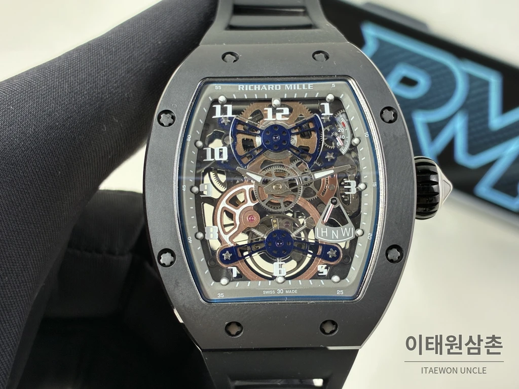 리차드밀 RM 17-02 블랙 세라믹 블랙 스트랩 실버 인덱스 투르비용 시계 48mm