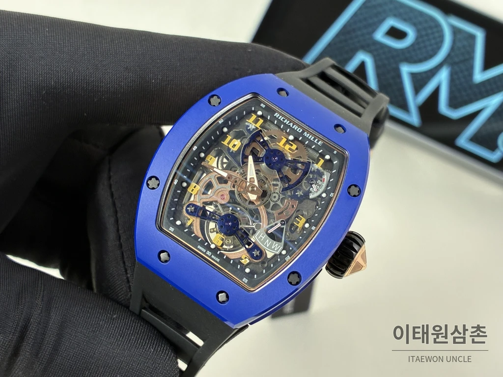 리차드밀 RM 17-02 블루 세라믹 블랙 스트랩 투르비용 시계 48mm