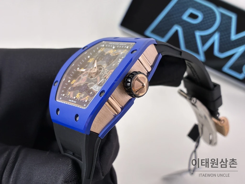 리차드밀 RM 17-02 블루 세라믹 블랙 스트랩 투르비용 시계 48mm