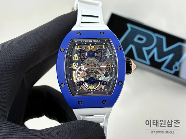 리차드밀 RM 17-02 블루 세라믹 화이트 스트랩 투르비용 시계 48mm 리차드밀 RM 17-02 블루 세라믹 화이트 스트랩 투르비용 시계 48mm