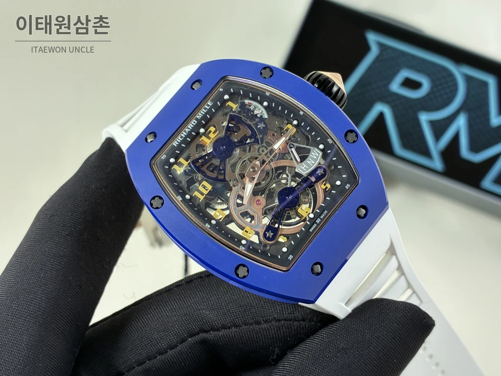 리차드밀 RM 17-02 블루 세라믹 화이트 스트랩 투르비용 시계 48mm