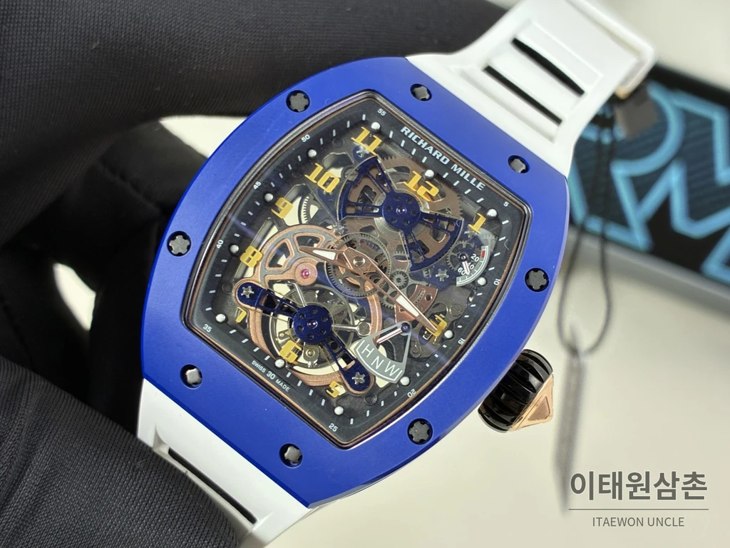 리차드밀 RM 17-02 블루 세라믹 화이트 스트랩 투르비용 시계 48mm
