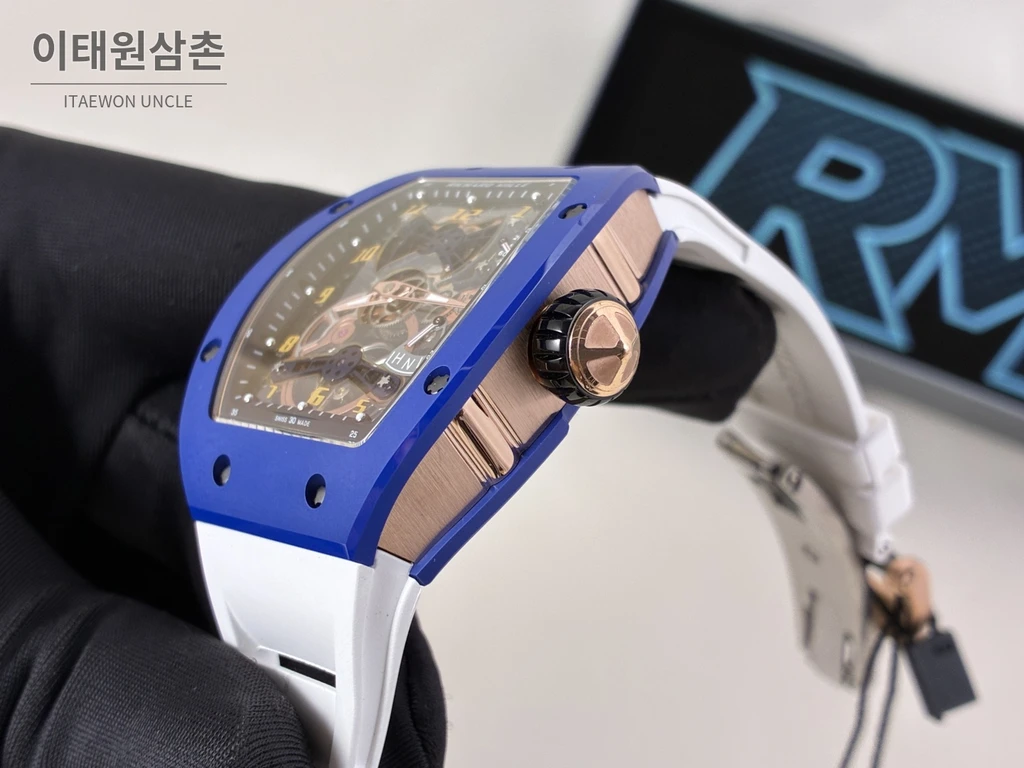 리차드밀 RM 17-02 블루 세라믹 화이트 스트랩 투르비용 시계 48mm