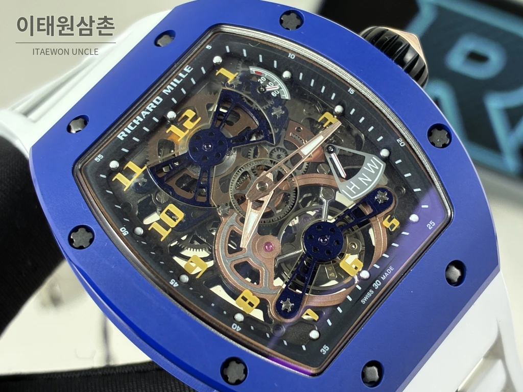 리차드밀 RM 17-02 블루 세라믹 화이트 스트랩 투르비용 시계 48mm