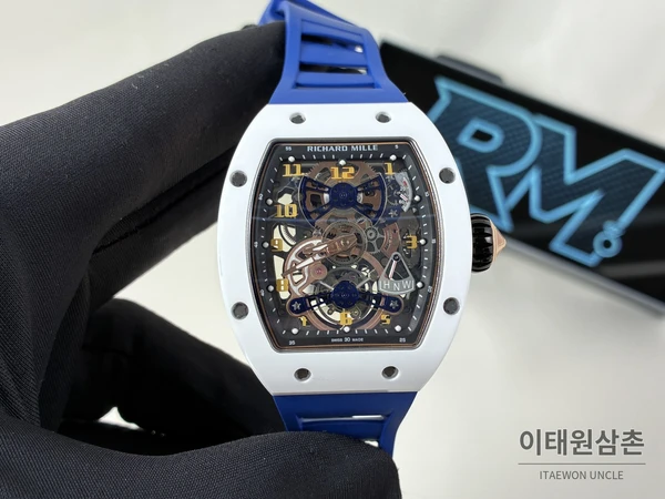 리차드밀 RM 17-02 화이트 세라믹 블루 스트랩 투르비용 시계 48mm 리차드밀 RM 17-02 화이트 세라믹 블루 스트랩 투르비용 시계 48mm