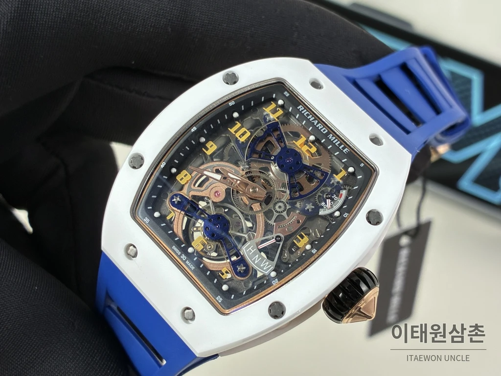 리차드밀 RM 17-02 화이트 세라믹 블루 스트랩 투르비용 시계 48mm