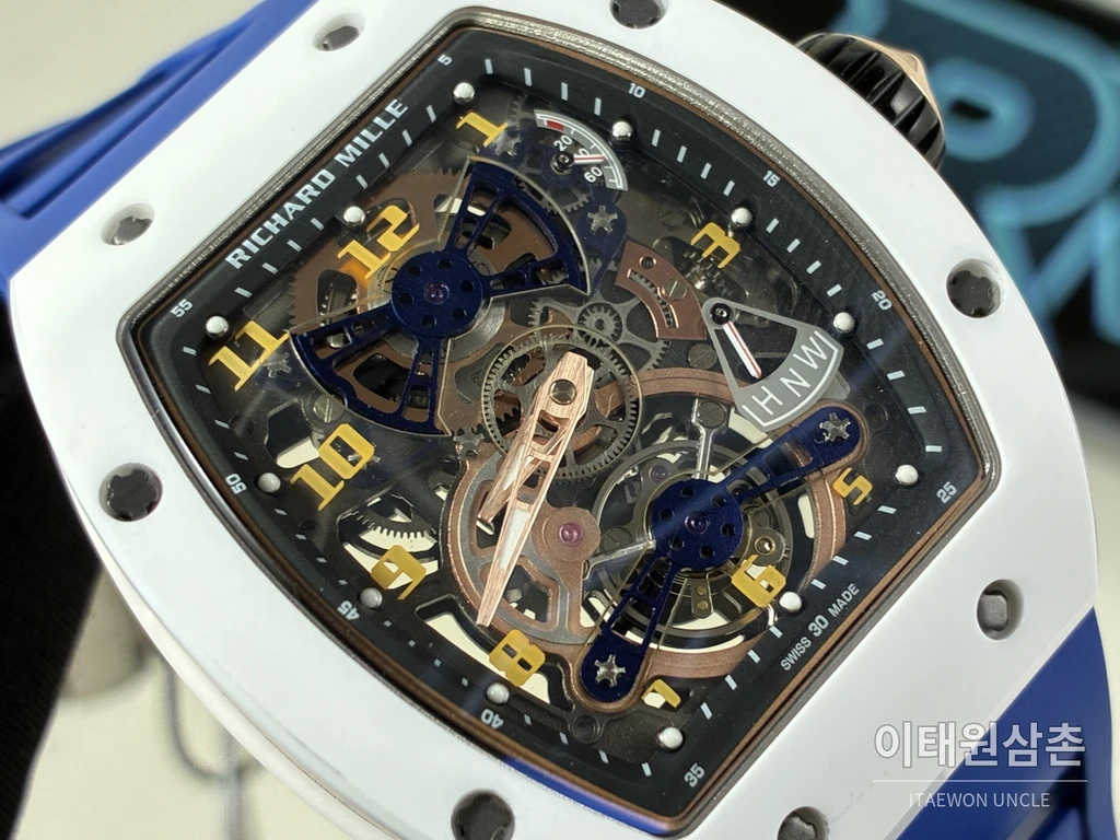 리차드밀 RM 17-02 화이트 세라믹 블루 스트랩 투르비용 시계 48mm